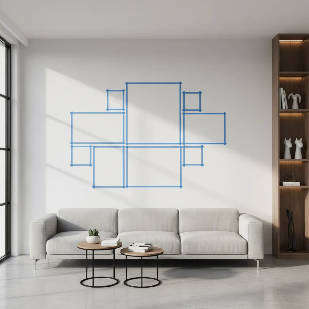 Paper templates taped on wall representing picture frame layout