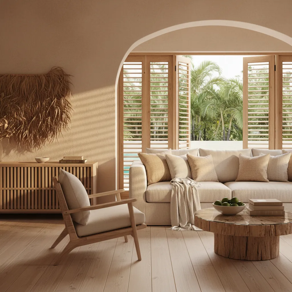 Modern living room with beige sofa wooden coffee table arched window and green palm trees
