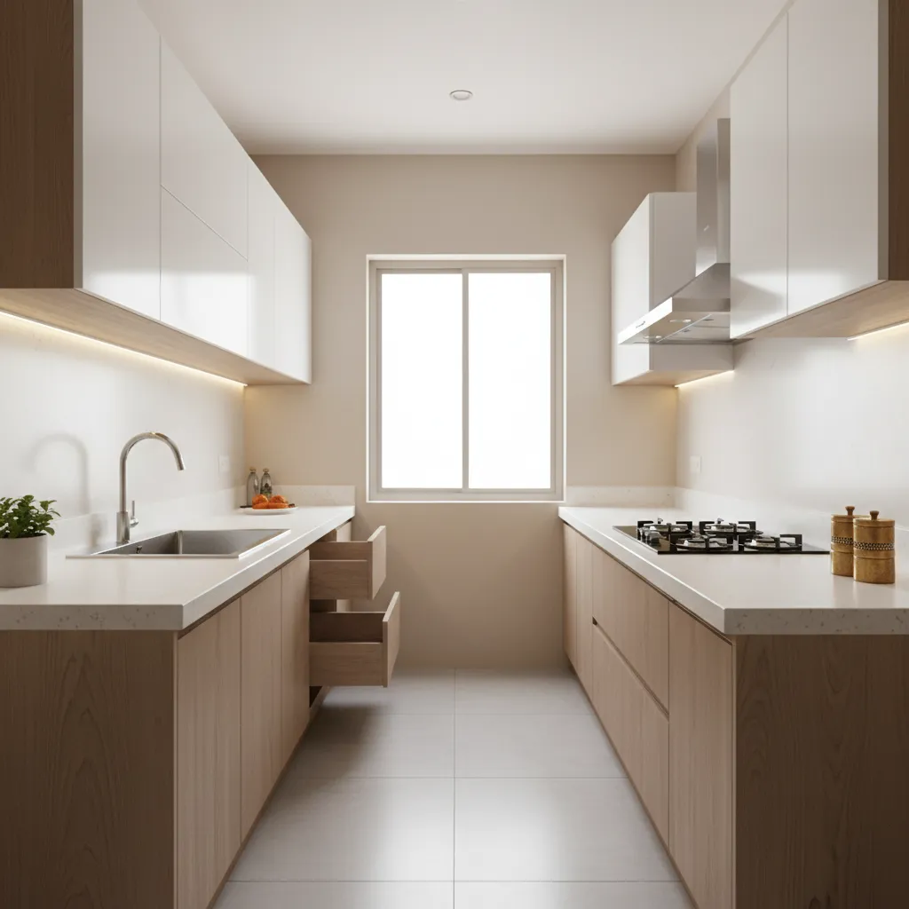 Parallel galley kitchen layout in a modern Indian apartment