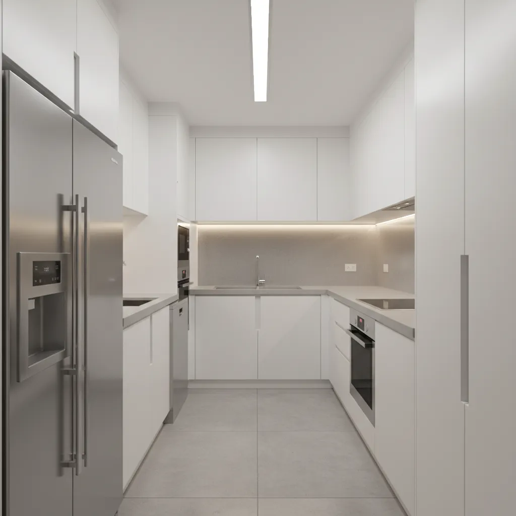 Parallel galley kitchen layout with two facing countertops