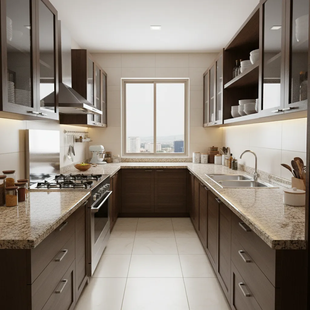 Parallel galley layout for small Indian kitchen design