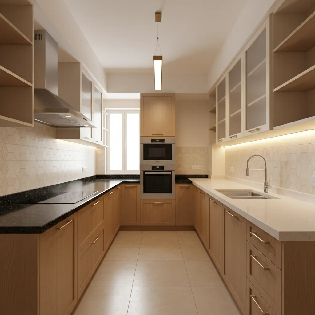 parallel galley style small Indian kitchen layout with cooking and prep zones