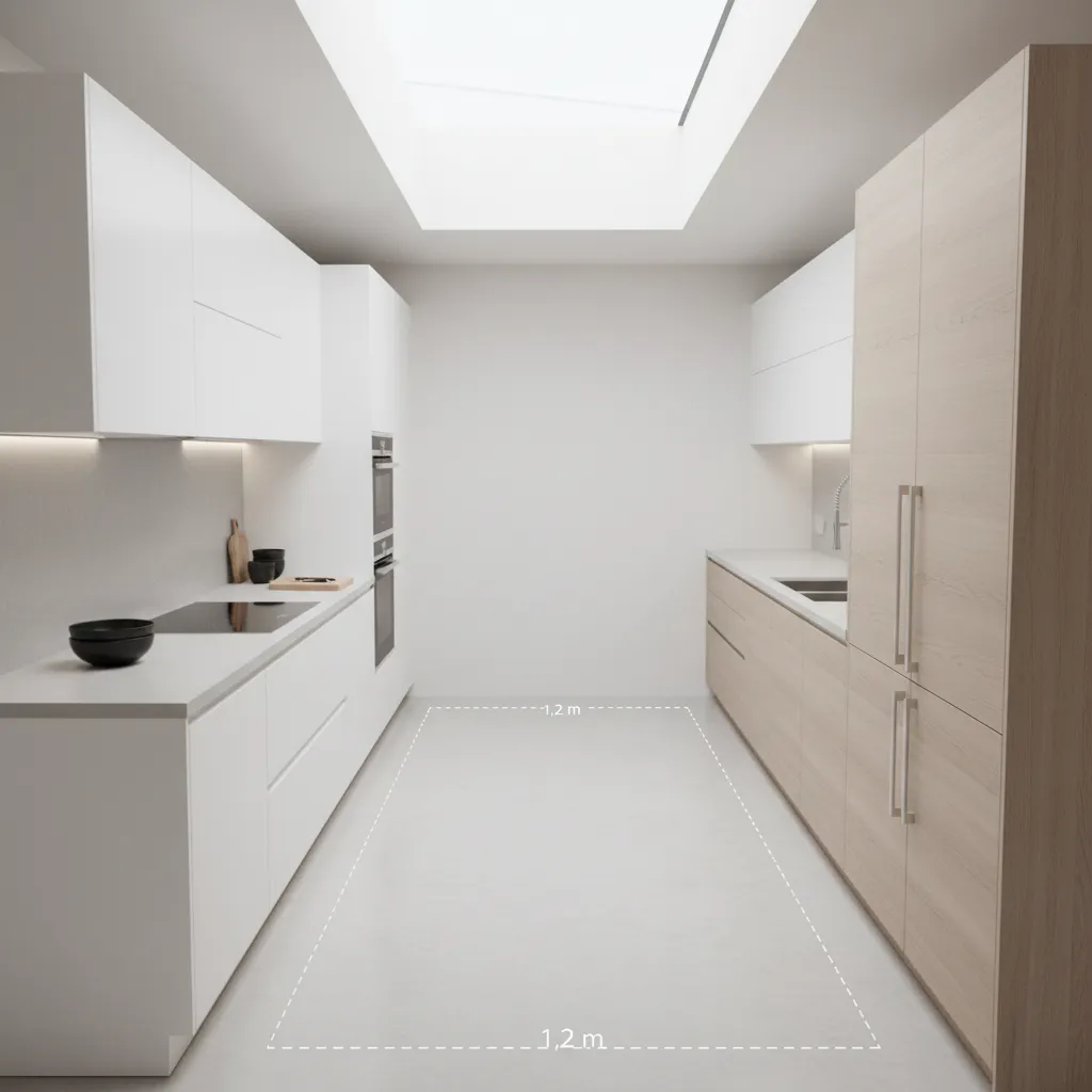 Diagram style render showing walking space between parallel kitchen counters