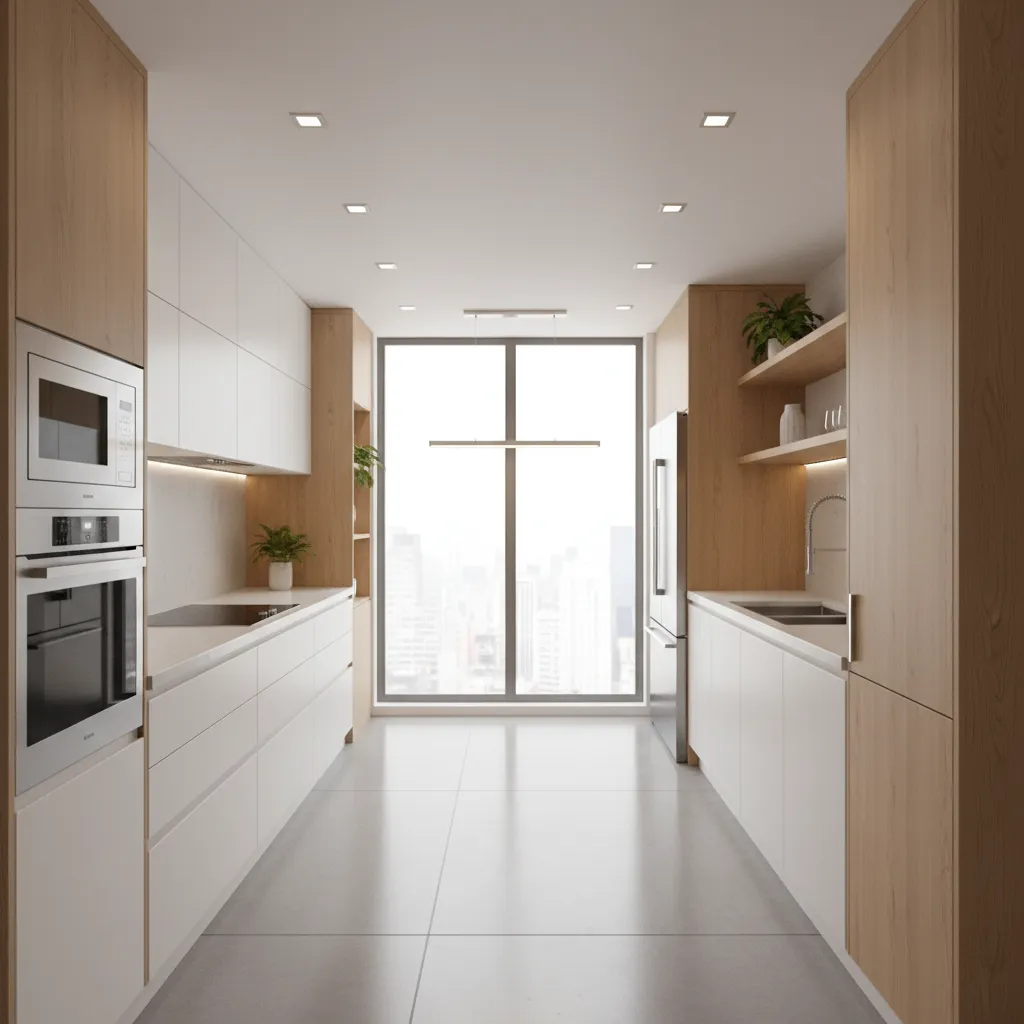 Parallel kitchen layout with efficient work triangle and modern cabinets