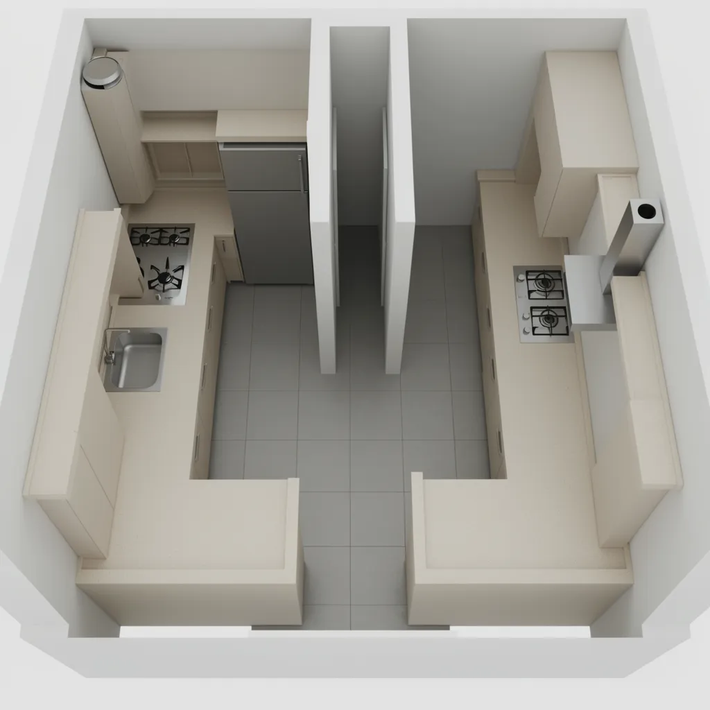 Compact Indian parallel kitchen layout showing appliance zones and workflow