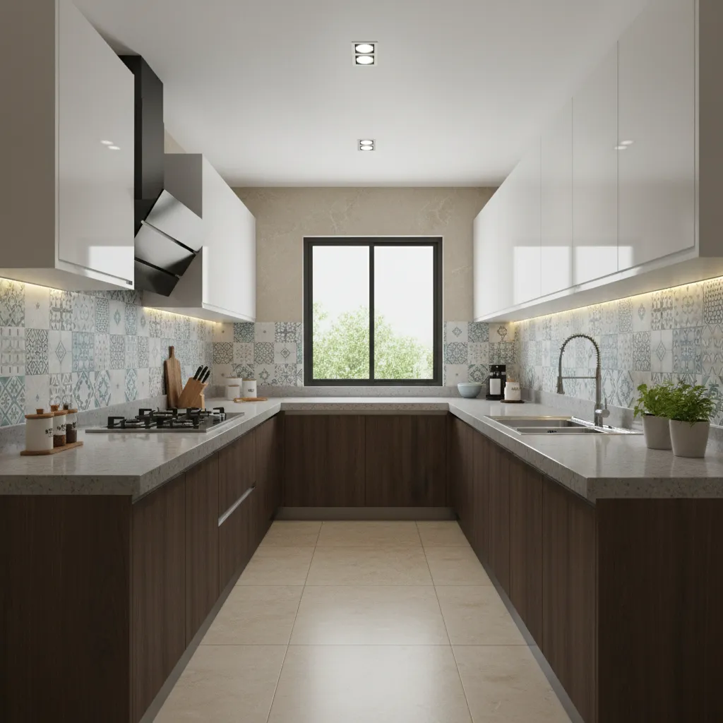 Parallel kitchen layout with two counters and modular cabinets