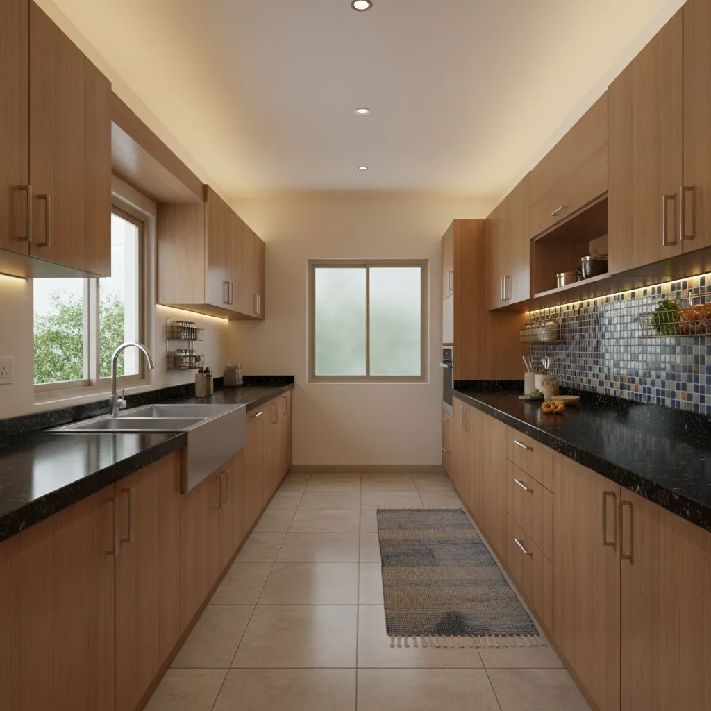 parallel kitchen layout commonly used in Indian homes