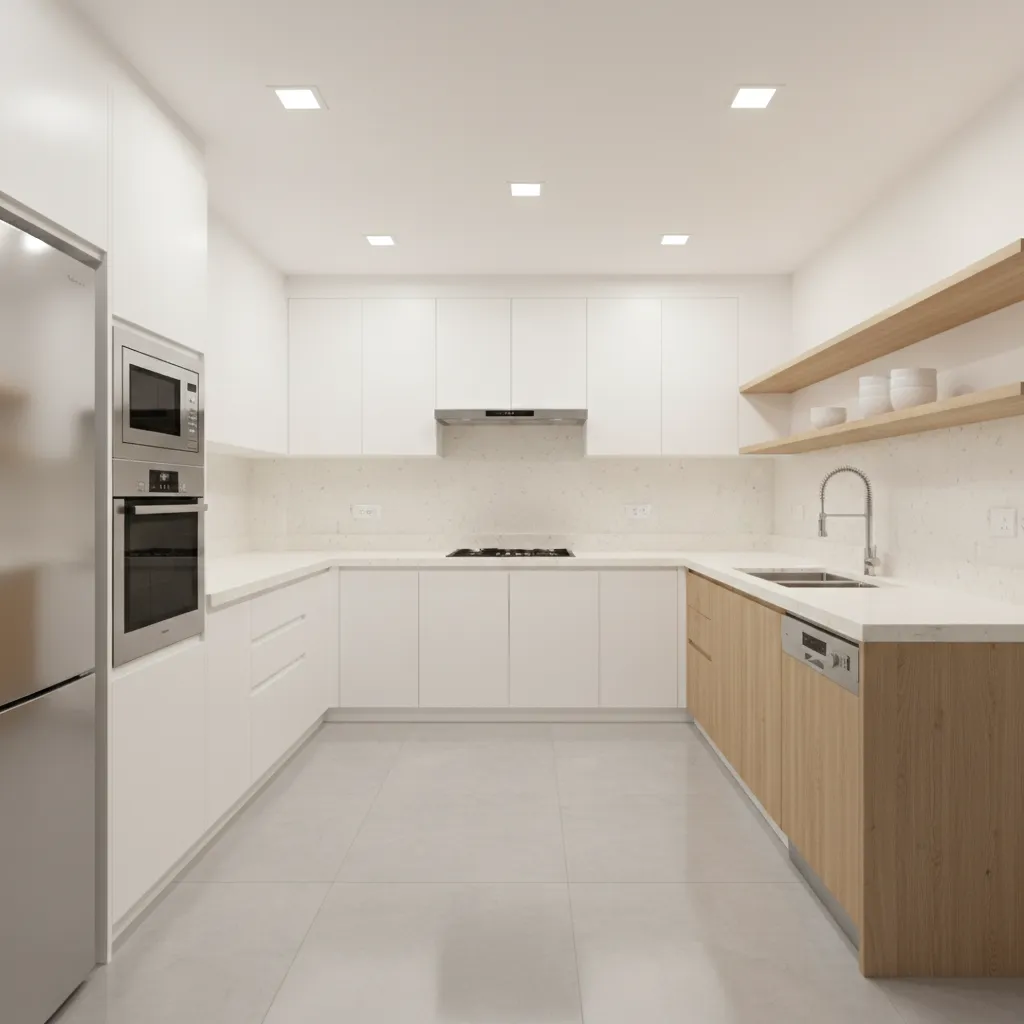 Parallel modular kitchen layout with efficient work triangle