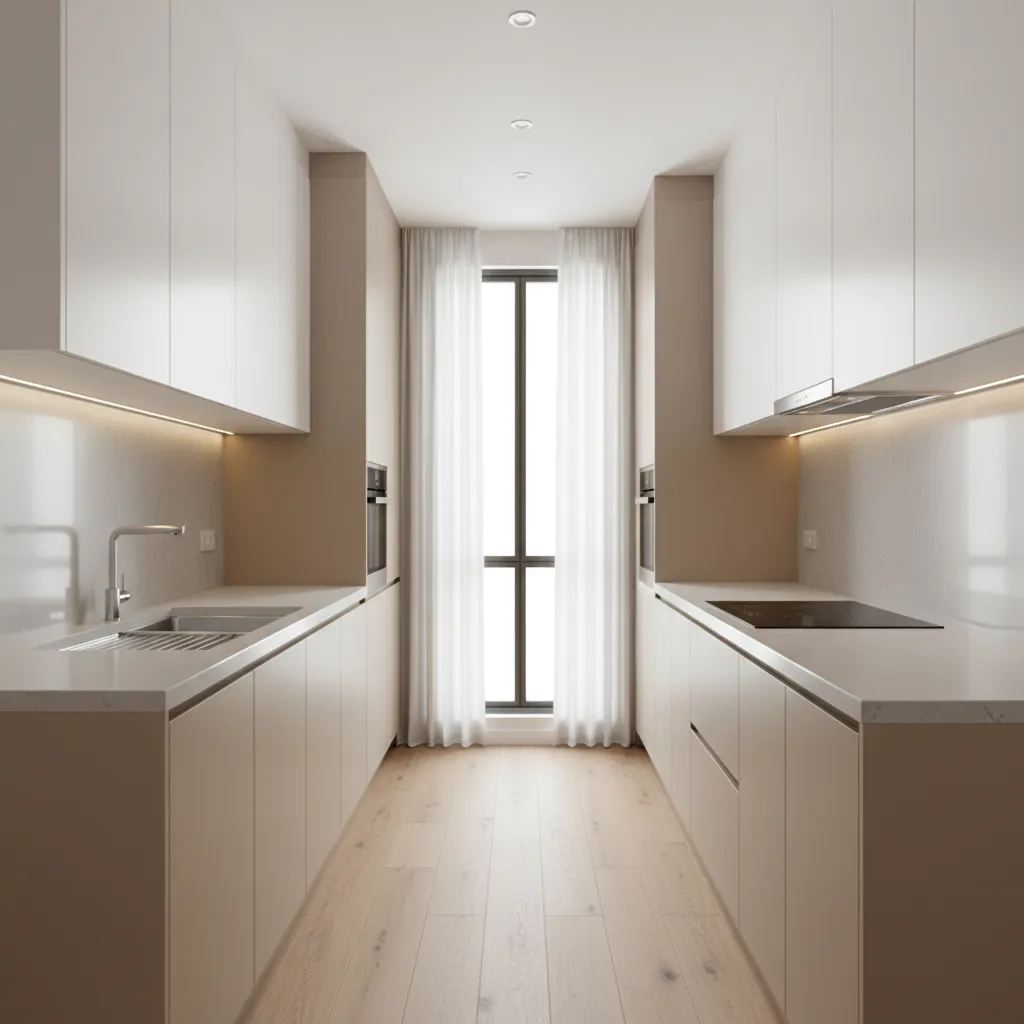 compact parallel kitchen layout inside a small apartment with two facing counters