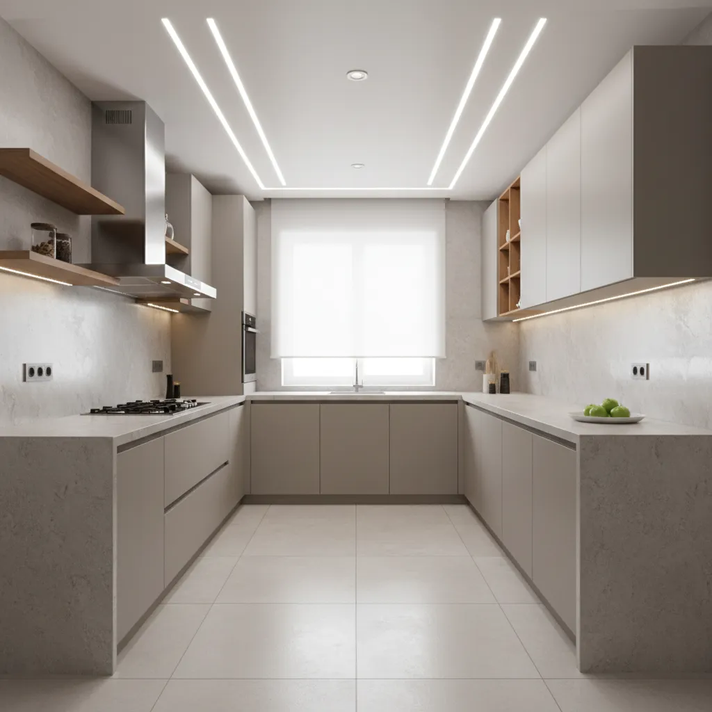 Parallel kitchen showing recessed ceiling lights and task lighting above countertops