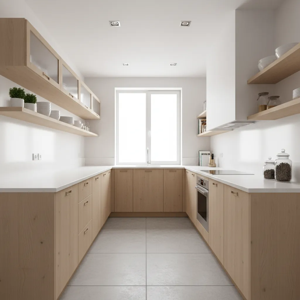 Parallel kitchen with fewer upper cabinets creating open feel
