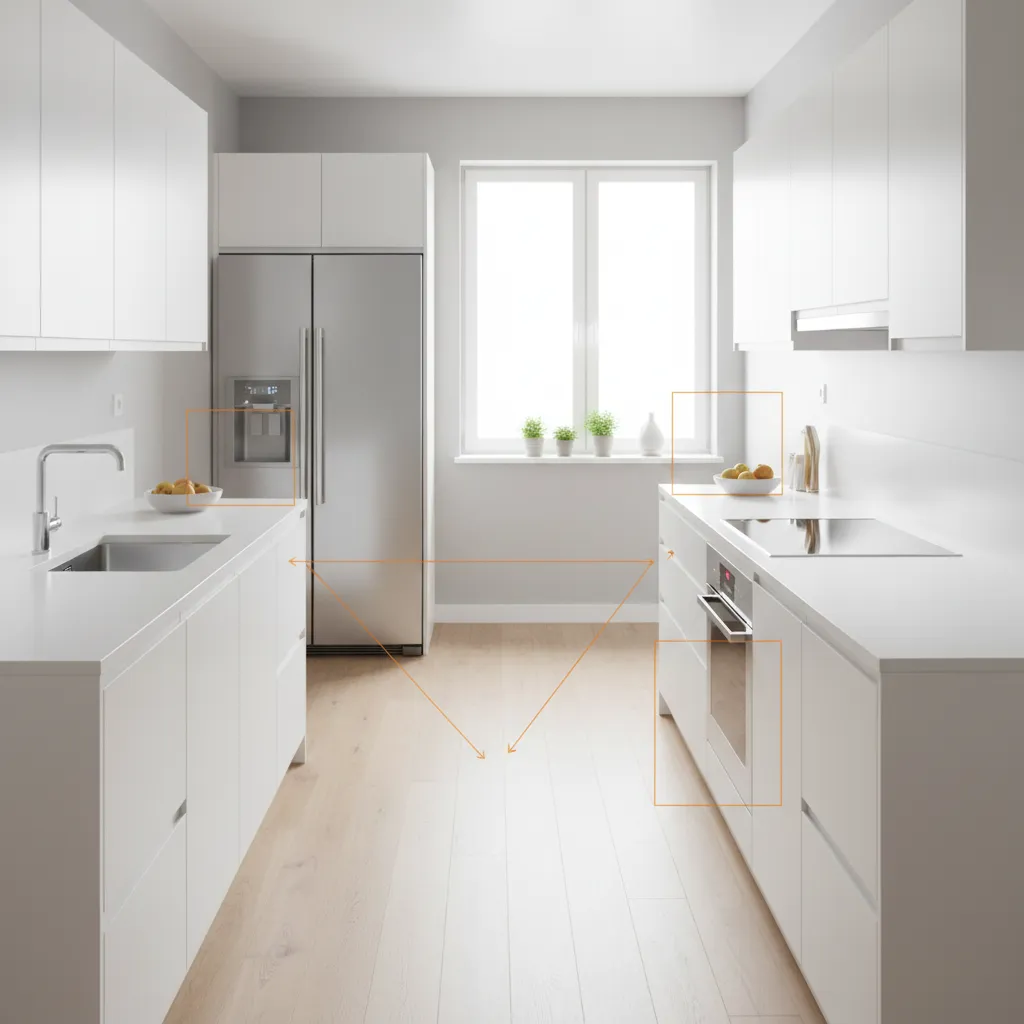 parallel kitchen showing cooking workflow between sink hob and fridge