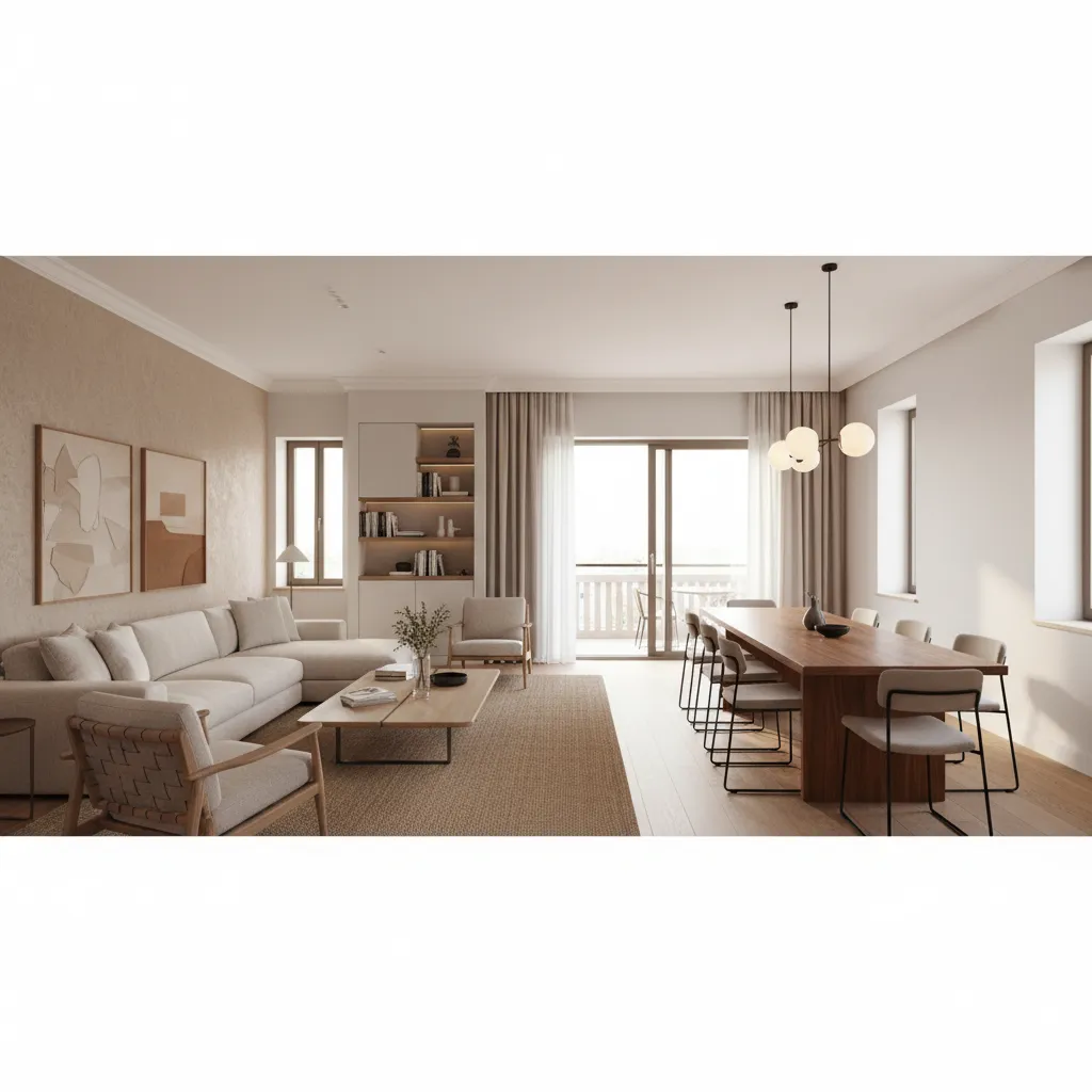 Parallel furniture layout improving flow in long living dining room