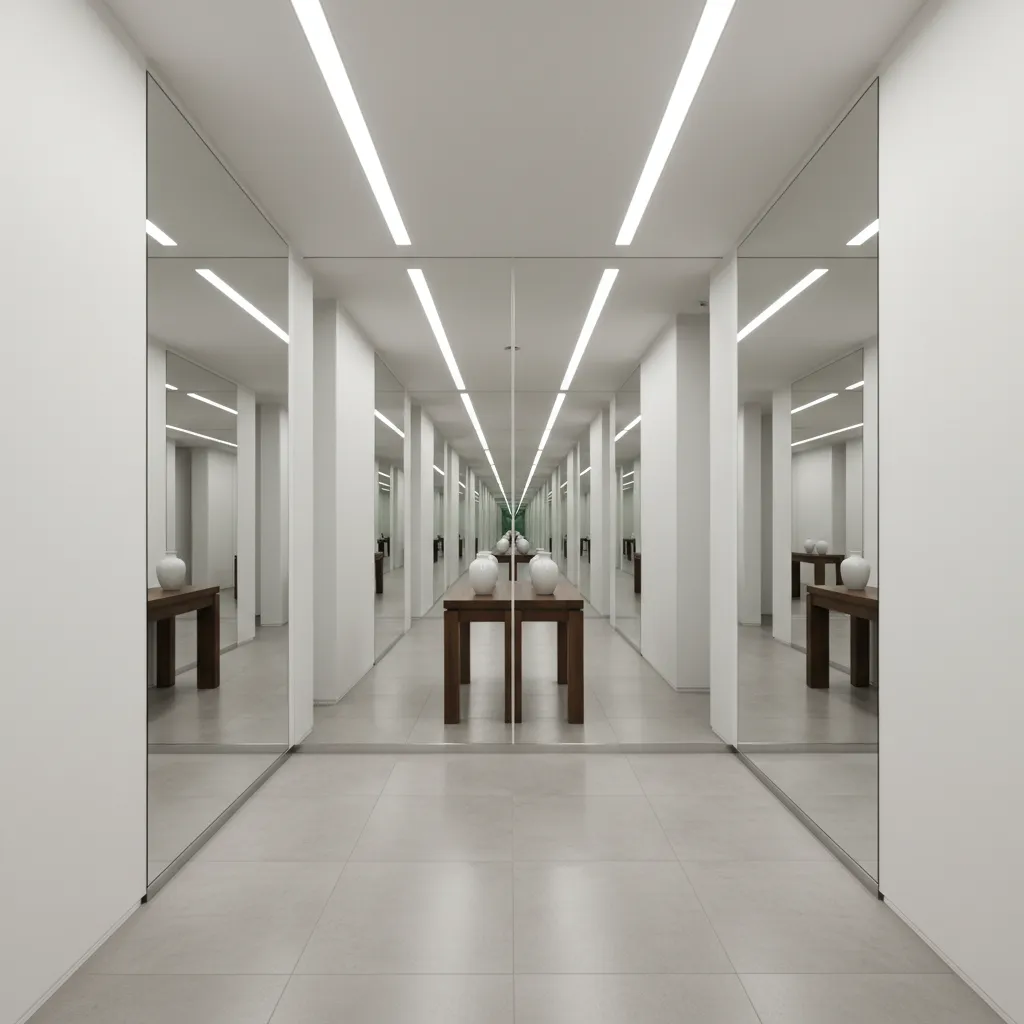 Hallway with two parallel mirrors creating repeated infinite reflections