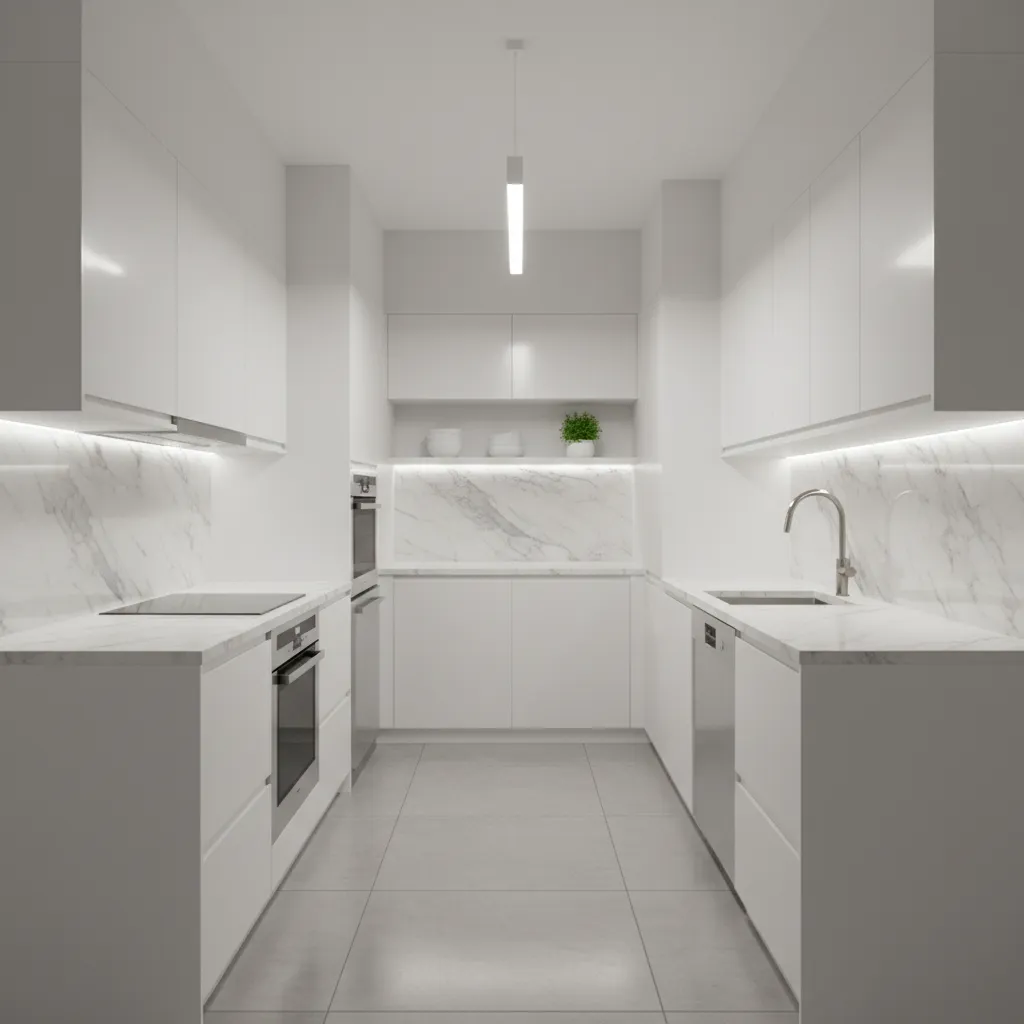 Modern white kitchen featuring marble backsplash white cabinets sink oven and a minimalist ceiling light