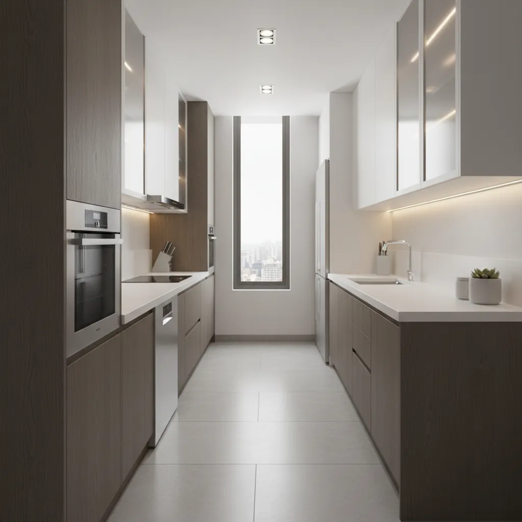 parallel modular kitchen with two counter runs and central walkway