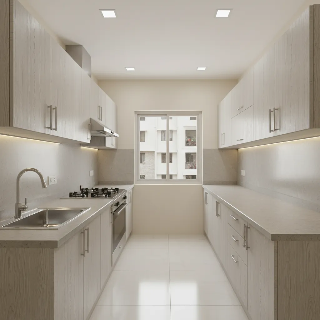 Parallel modular kitchen layout for narrow Indian apartment
