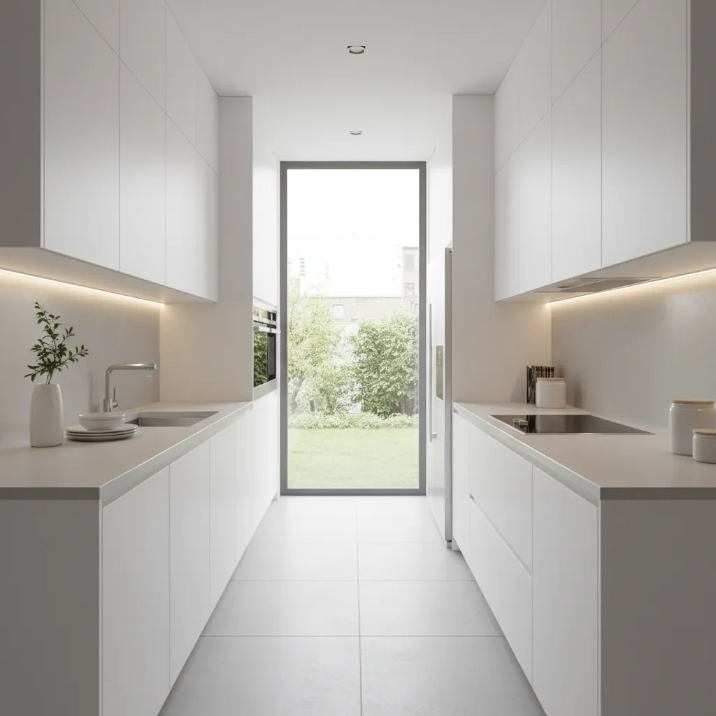 Parallel galley modular kitchen layout with cabinets on both sides