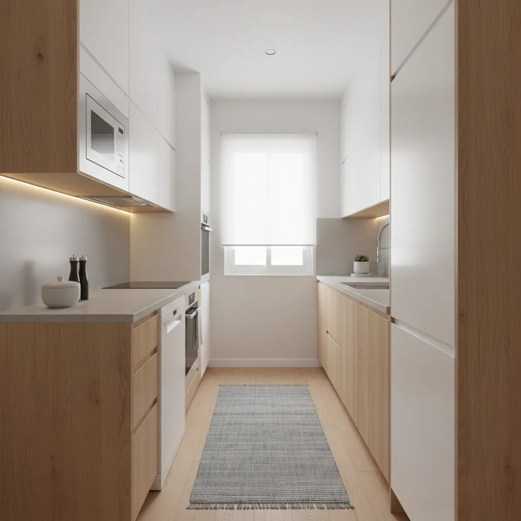 Parallel modular kitchen layout for small space with cabinets on both sides