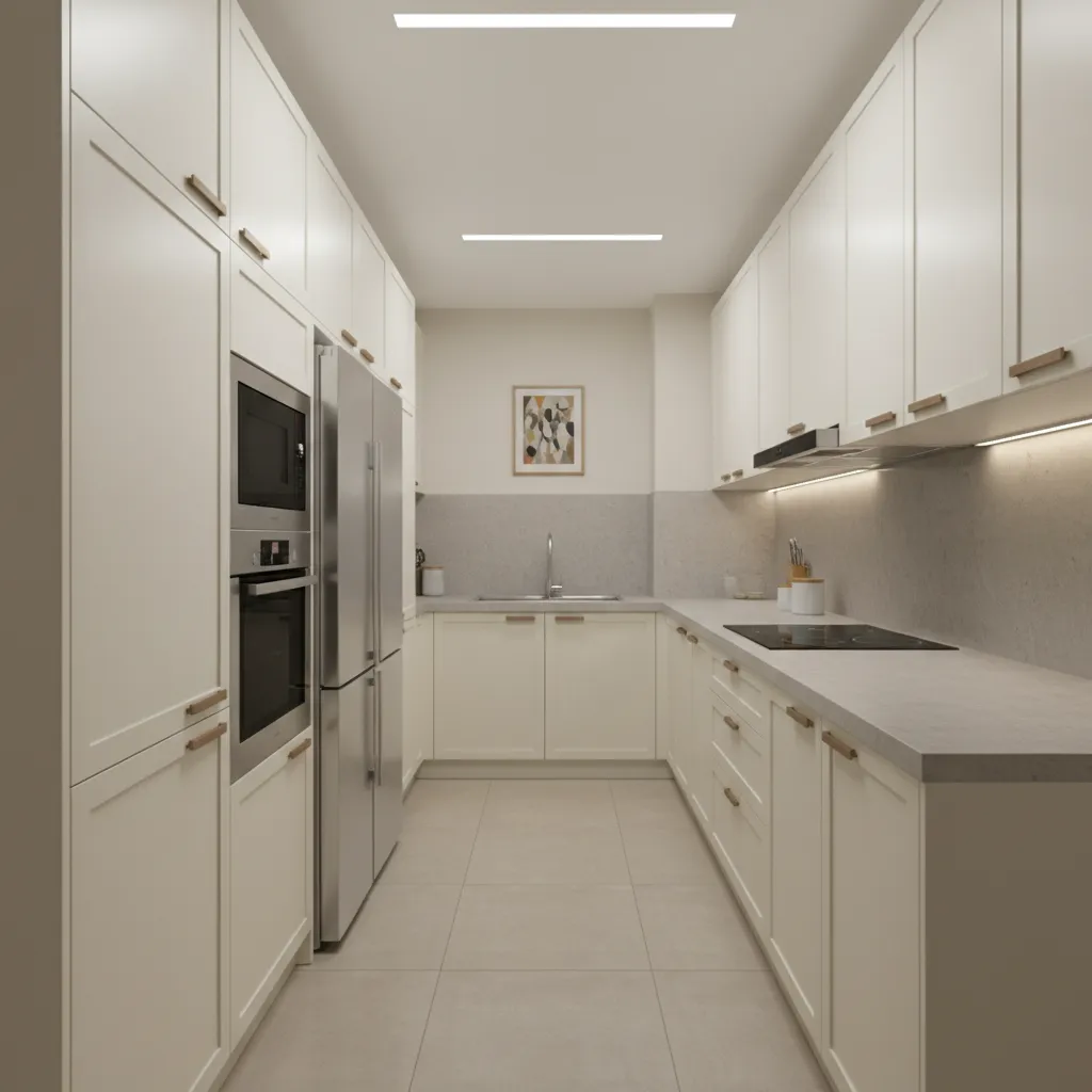 Parallel modular kitchen layout with tall storage cabinets