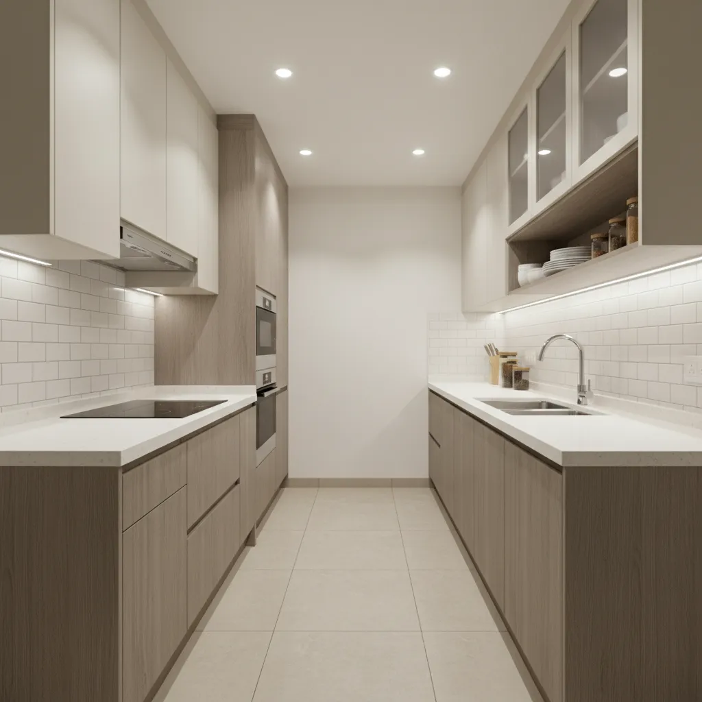 Parallel kitchen layout in a small Indian apartment