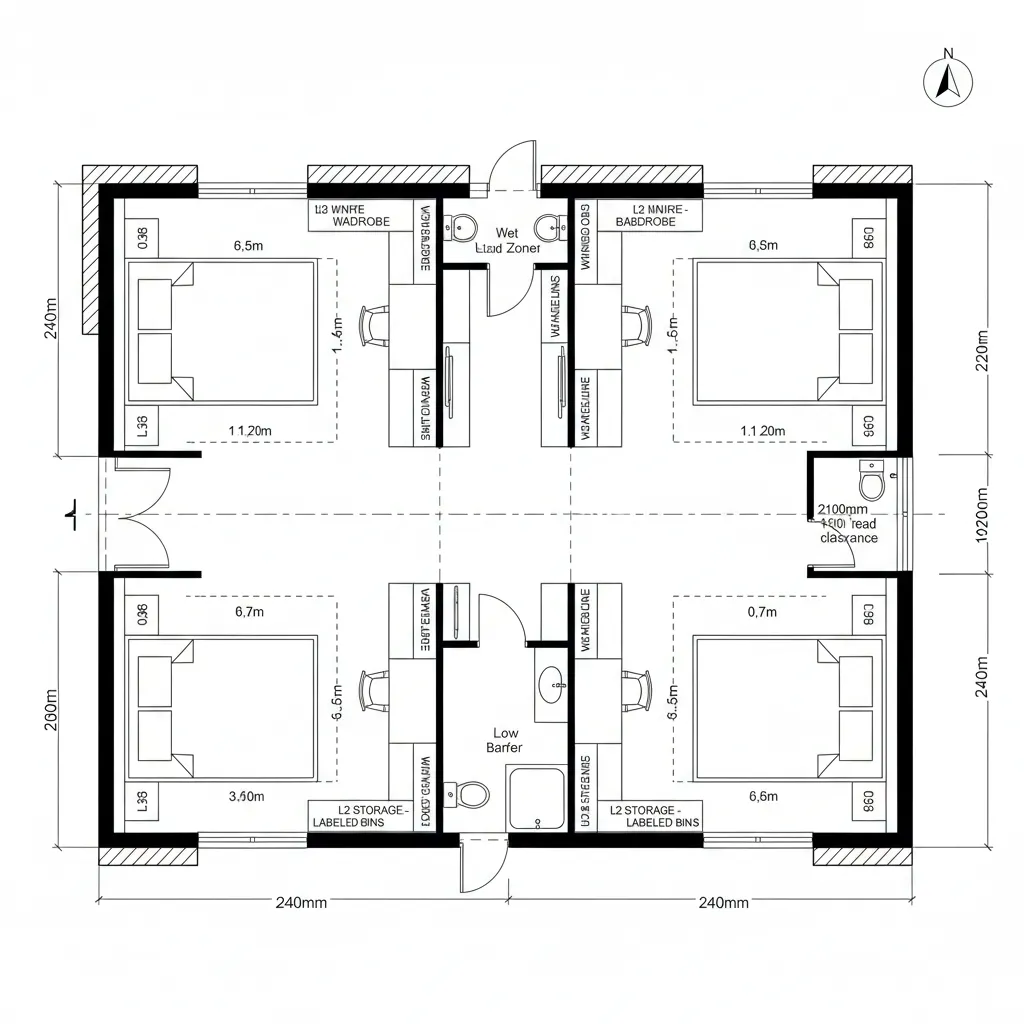 Top-down CAD plan of mirrored junior bedrooms flanking a shared study spine and bath