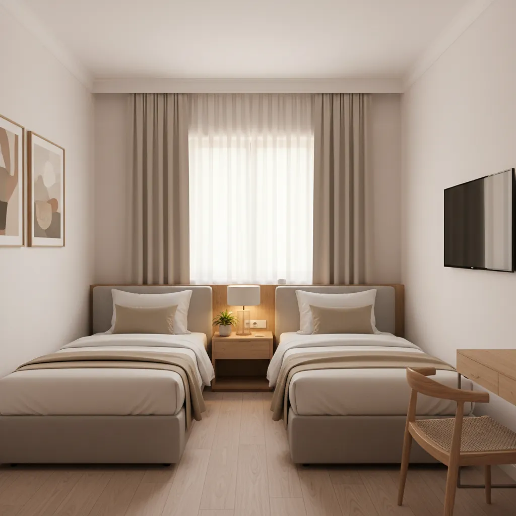 Parallel twin beds in a small modern hotel guest room layout
