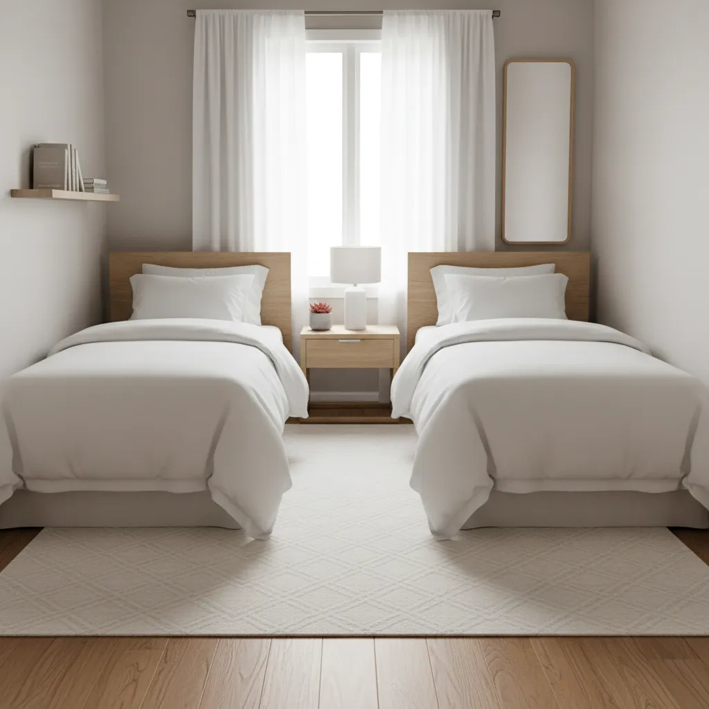 Small bedroom with two parallel twin beds and a shared nightstand between them