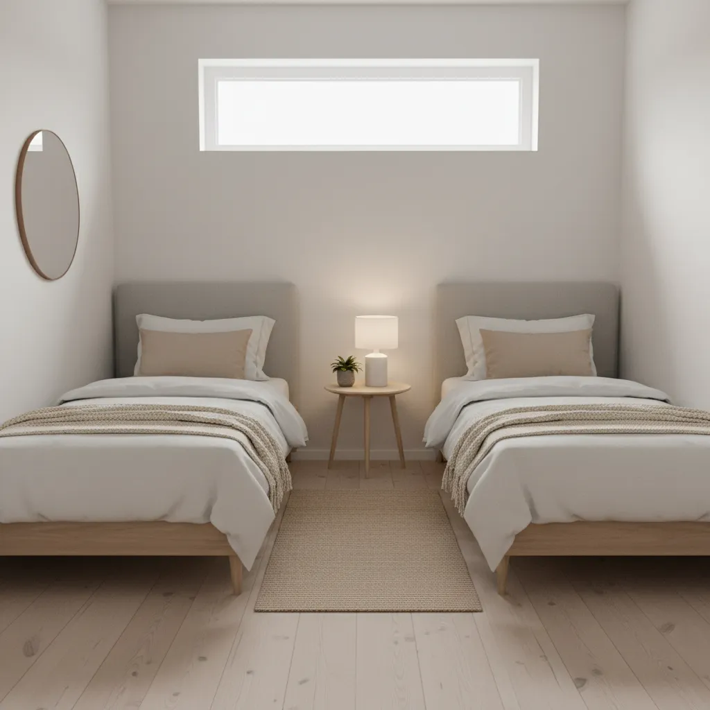 parallel twin beds arranged in a narrow bedroom with central walkway