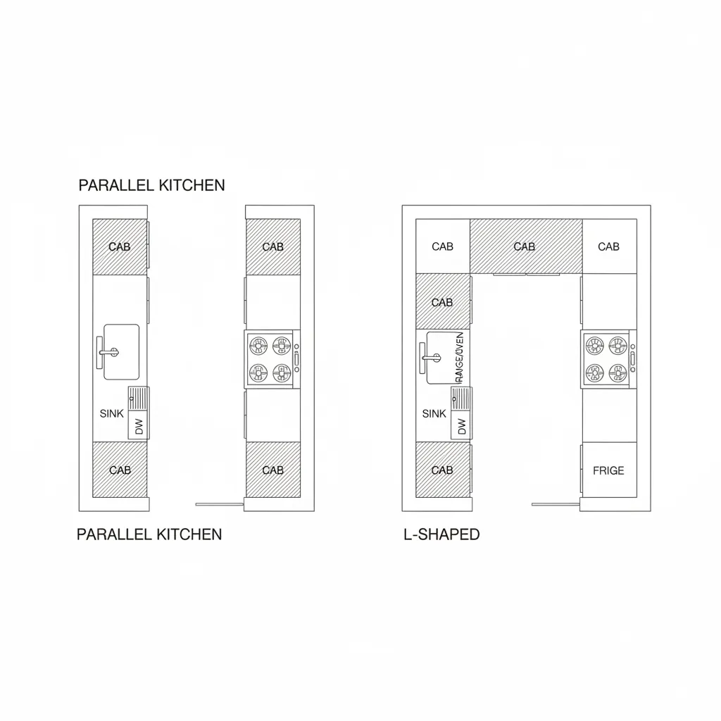 simple floor plan comparing parallel kitchen and L shaped kitchen layouts