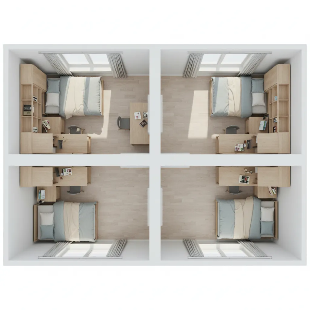 Comparison of parallel dorm bed layout and L-shaped dorm bed layout