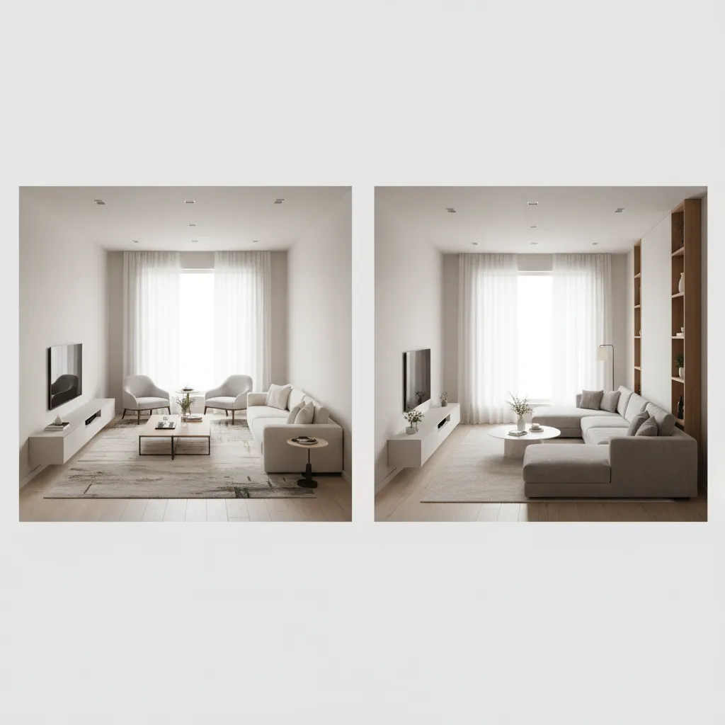 comparison of parallel and L shaped furniture layout in narrow living room
