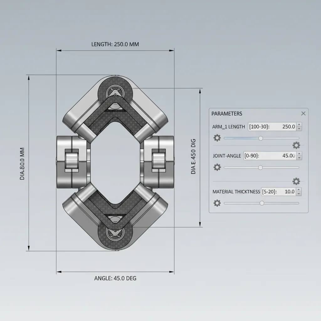Parametric 3D model diagram showing adjustable dimensions and relationships