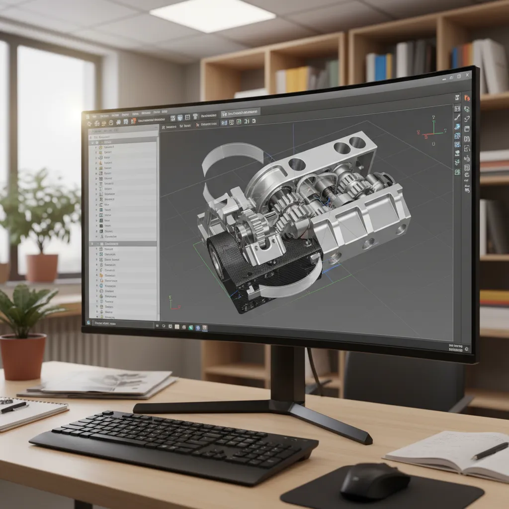parametric CAD modeling workflow showing feature tree and 3D model
