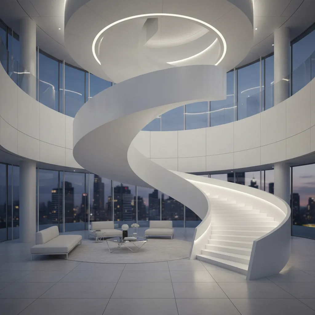 Escalera curva paramétrica en interior contemporáneo