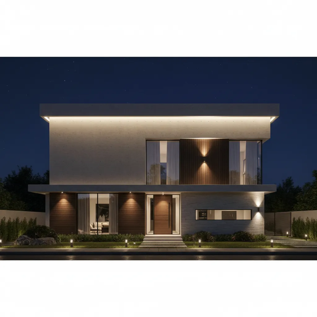 Modern house parapet wall with integrated LED lighting at night
