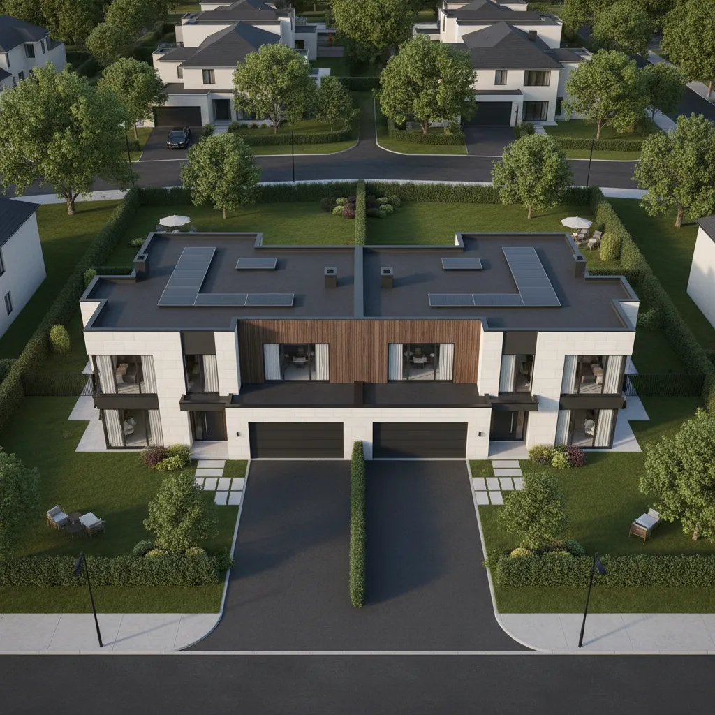 Vista aérea de parcela residencial con dos casas pareadas y jardines