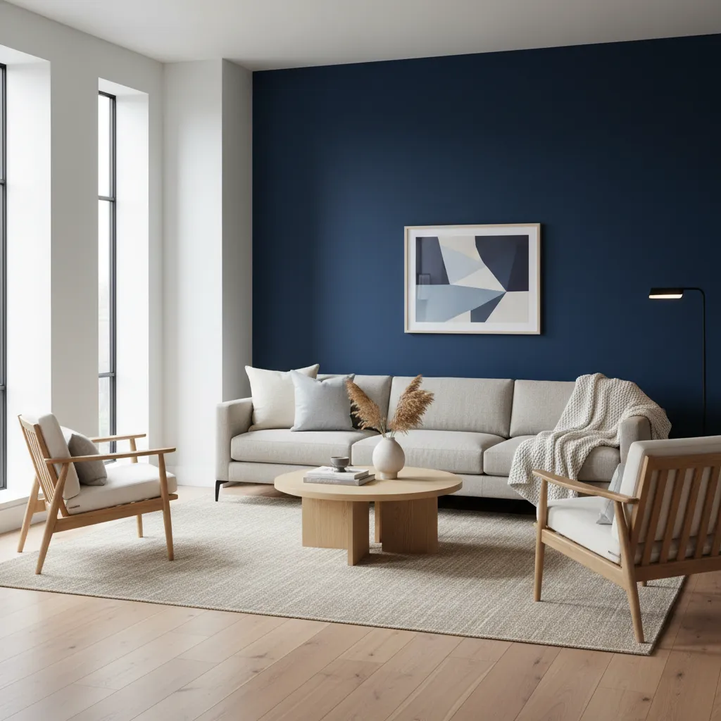 salón moderno con pared de acento azul oscuro