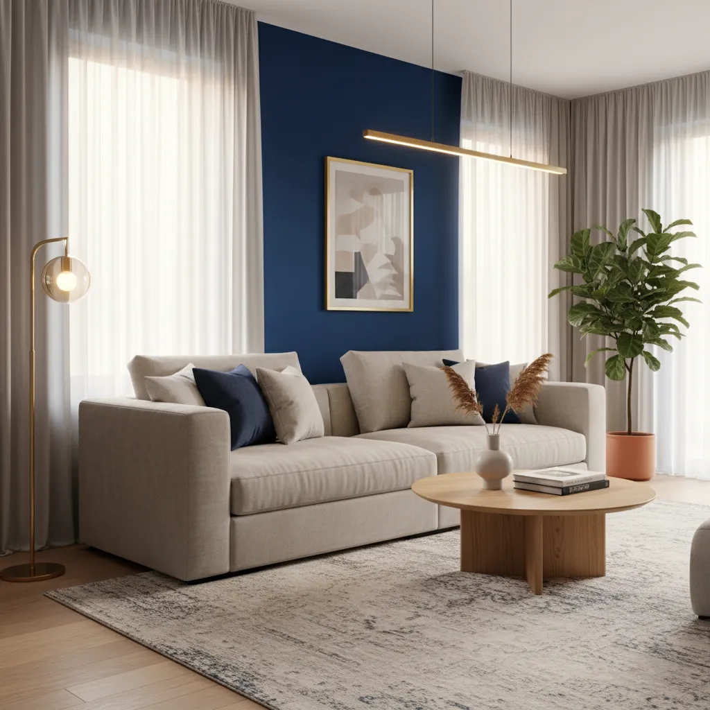 Salón con pared acento azul oscuro equilibrada con muebles claros