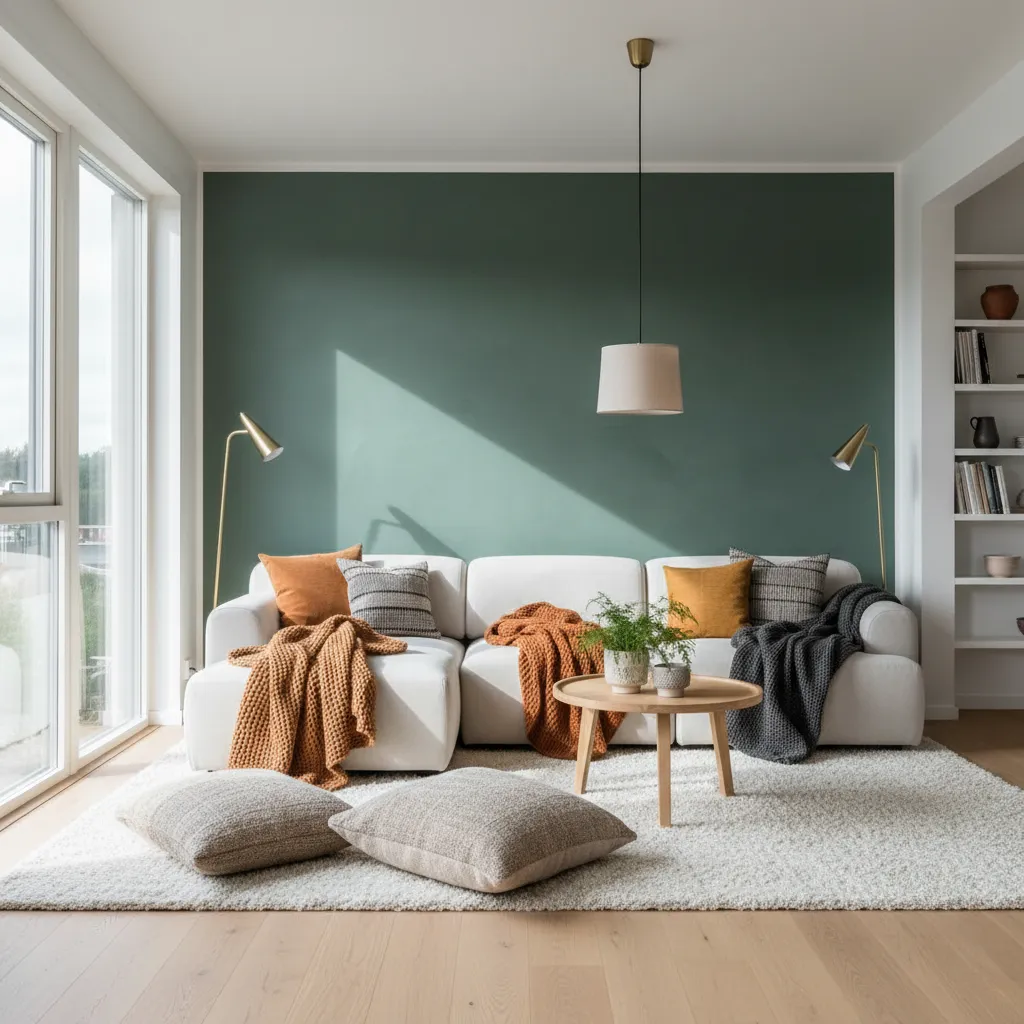 Modern living room with green wall white sofa wooden coffee table rug and ceiling light