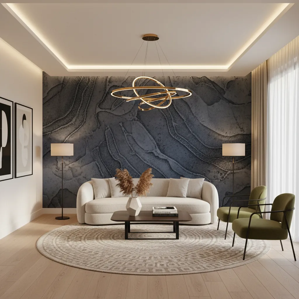 Pared acento decorativa con pintura texturizada en un salón contemporáneo