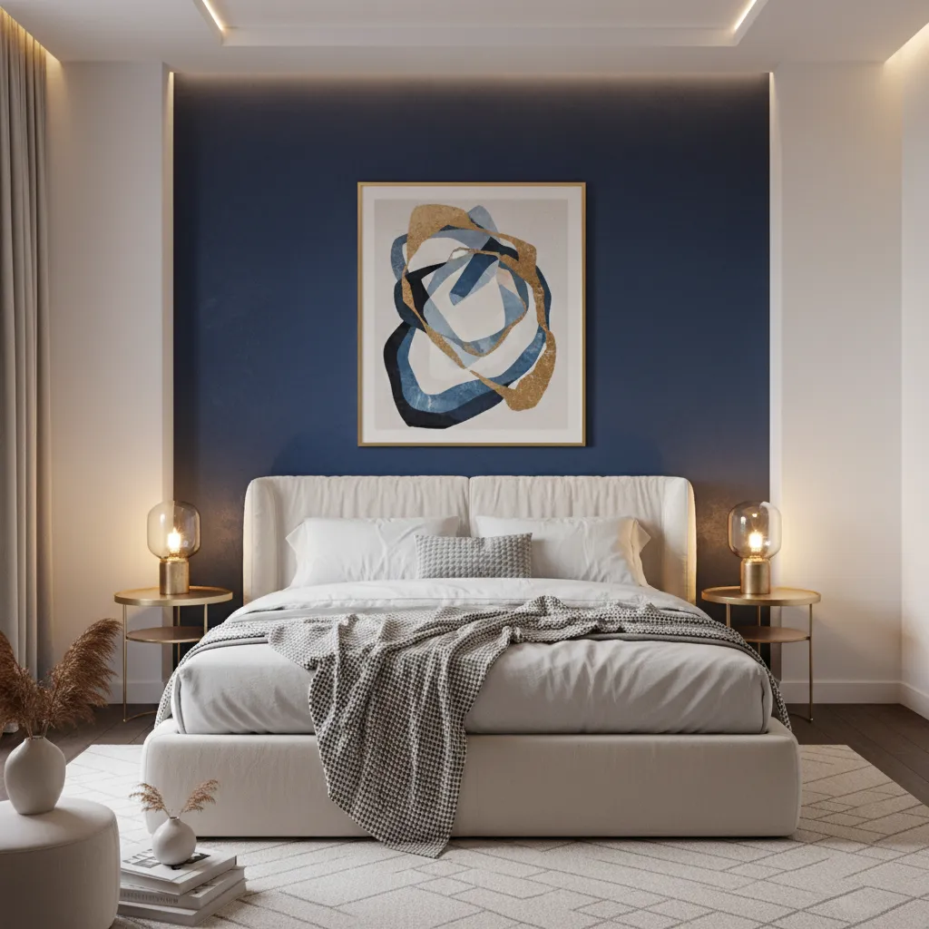 Modern bedroom with dark blue wall, white bed, grey blanket, gold side tables, and lamps