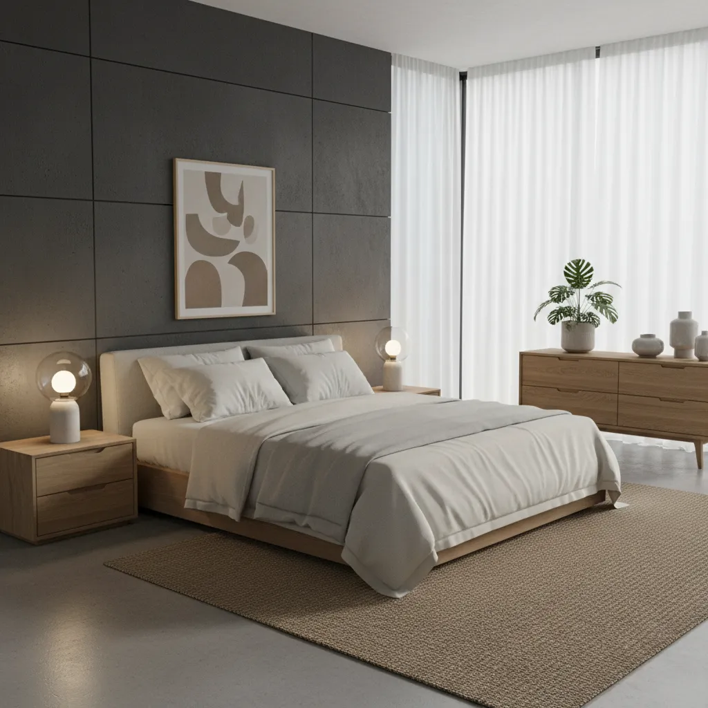 Modern bedroom featuring dark wall panels beige bed wooden bedside tables table lamps and curtains