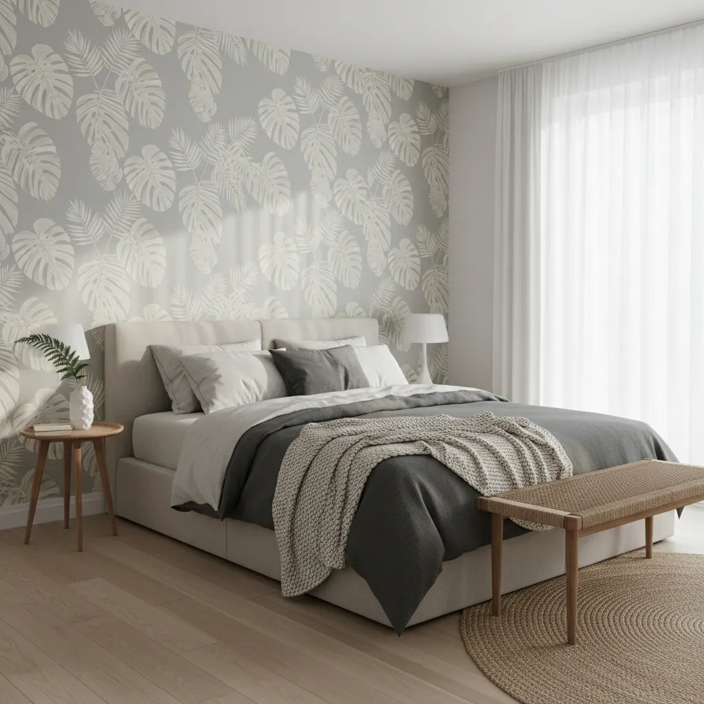 Dormitorio moderno con pared de acento con fondo de pantalla botánico