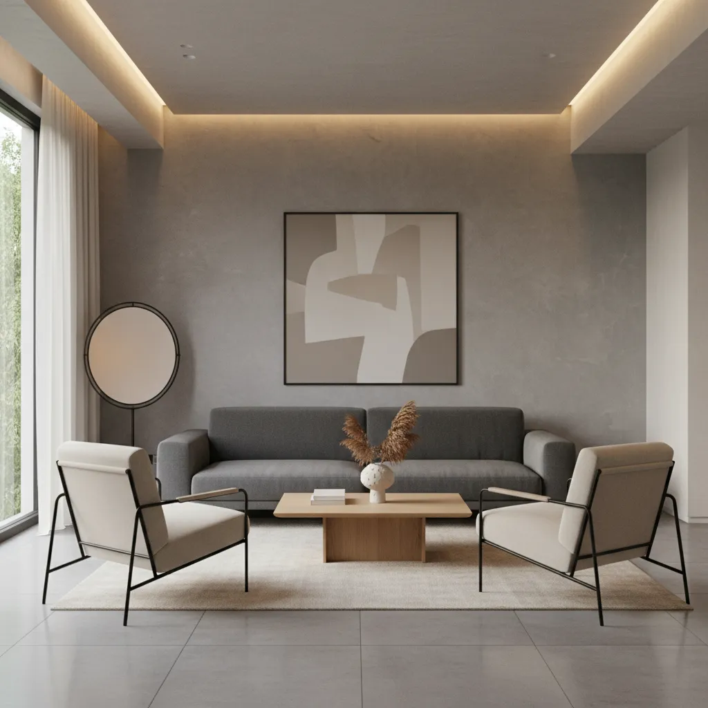 Salón con una pared de acento gris detrás del sofá