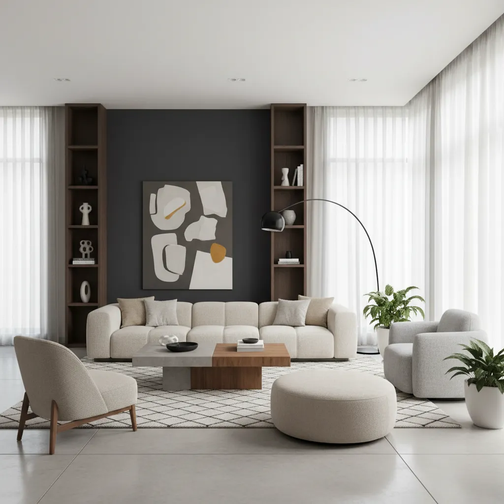Modern living room with beige sofa, grey wall, abstract art, floor lamp, rug, and plants