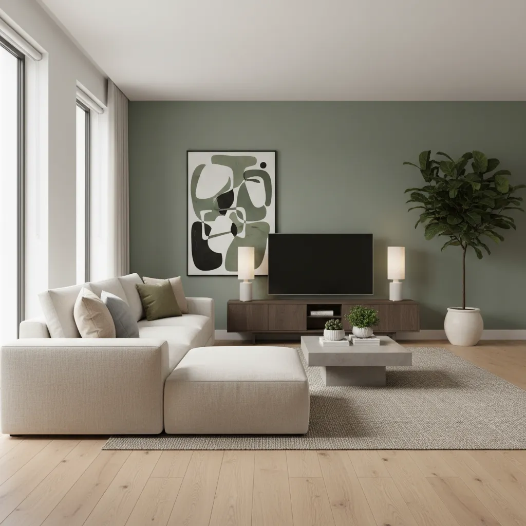 Living room with green wall white sofa wooden cabinet television abstract art and large plant