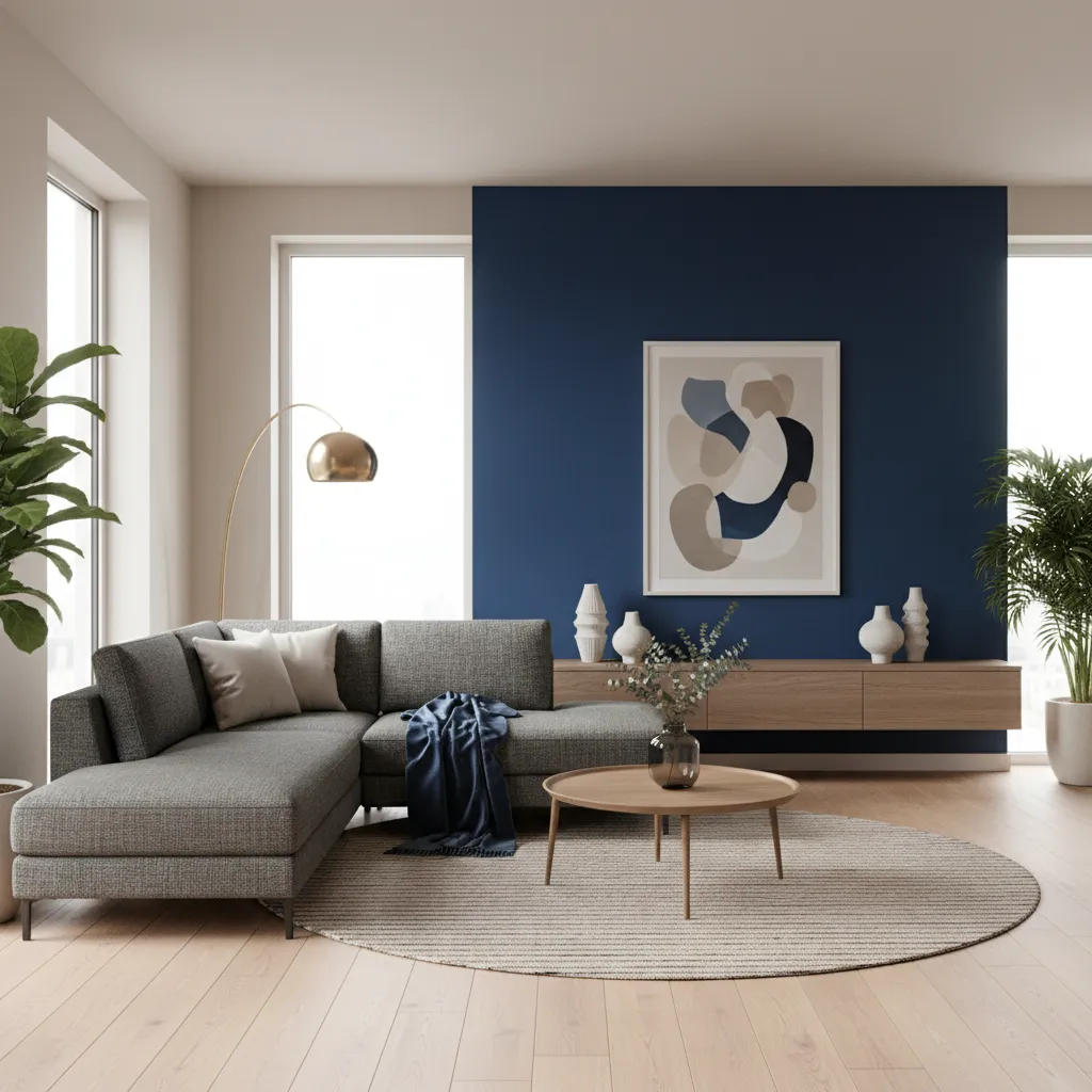 Salón con pared acento detrás del sofá