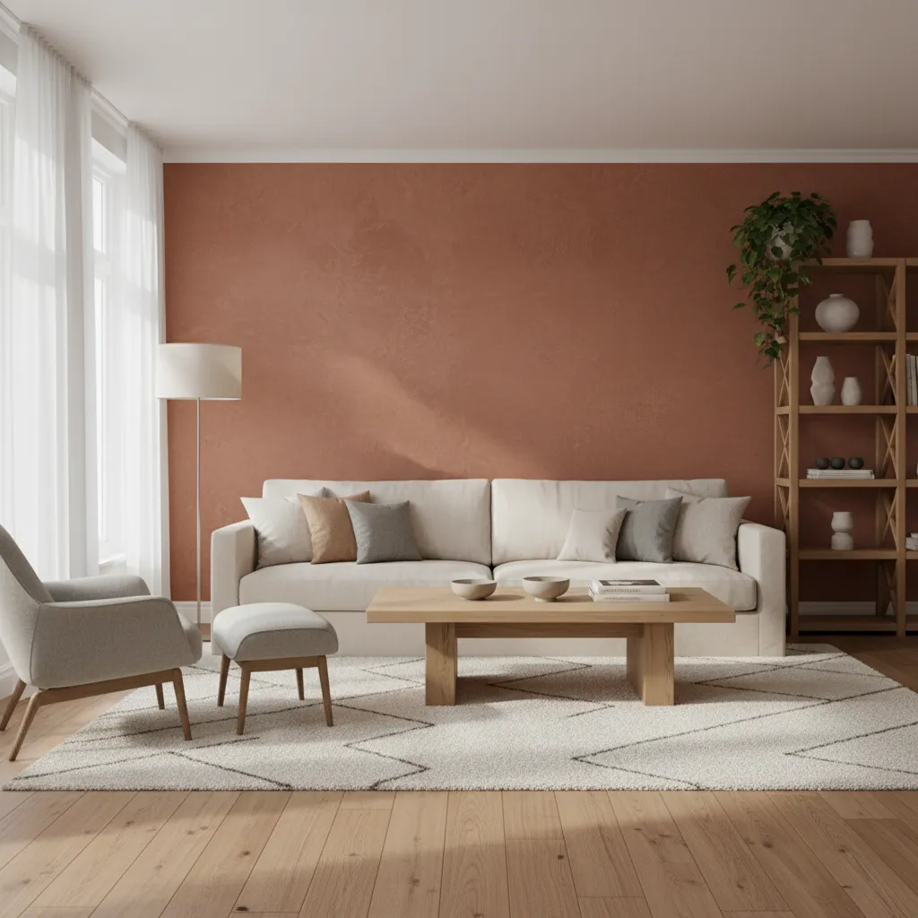 Living room with terracotta accent wall, cream sofa, wooden coffee table, floor lamp, and armchair