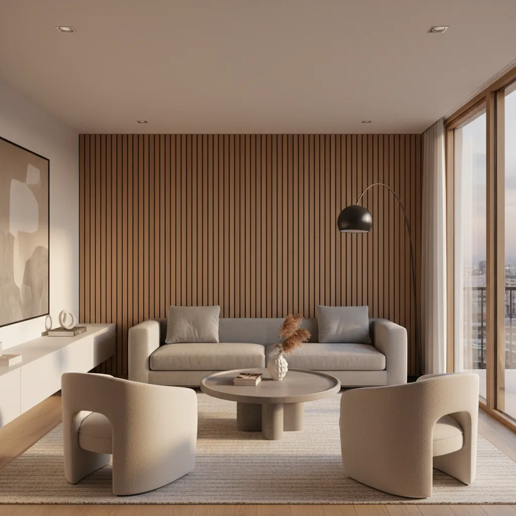 Salón con pared de madera que funciona como centro visual